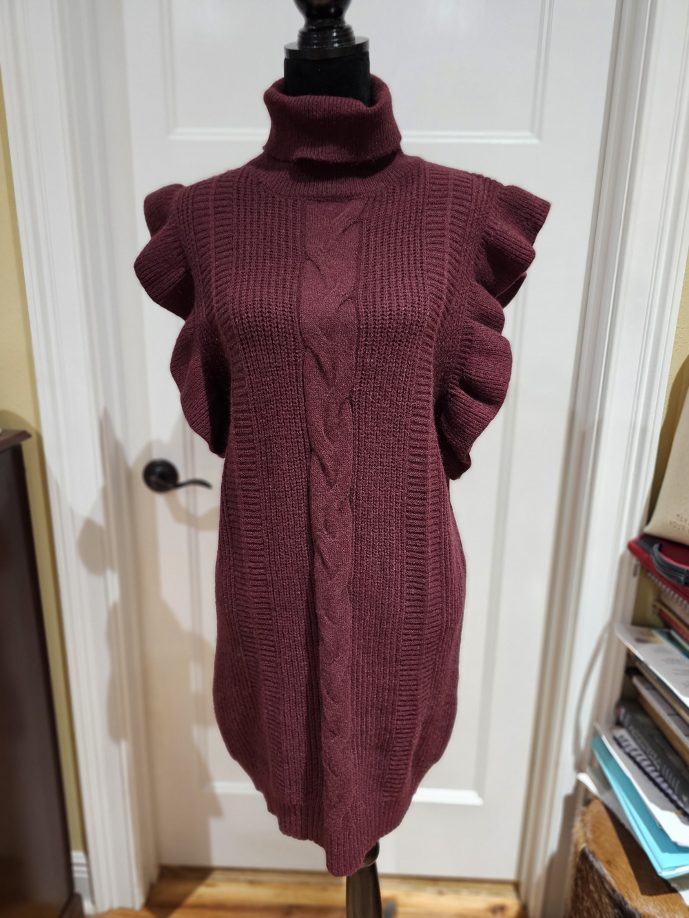 entro Burgundy Cable-Knit Sleeveless Turtleneck Dress, NWT